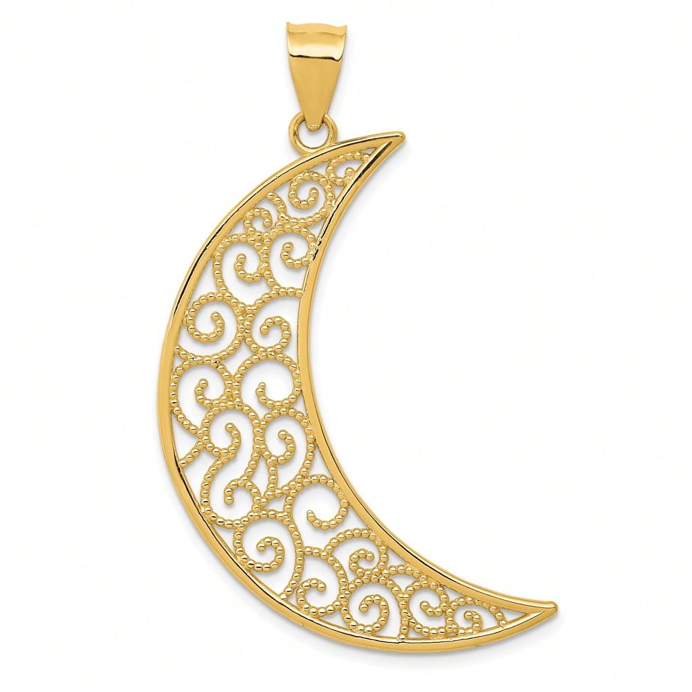 14k Yellow Gold Filigree Moon Pendant (L-1.69 Inch,W-1.18 Inch) 2.16 Gram