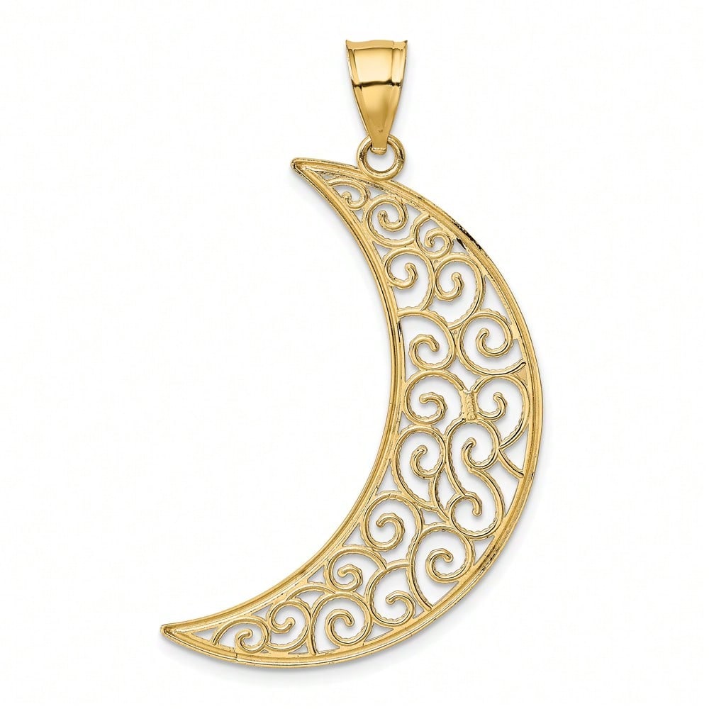 14k Yellow Gold Filigree Moon Pendant (L-1.69 Inch,W-1.18 Inch) 2.16 Gram